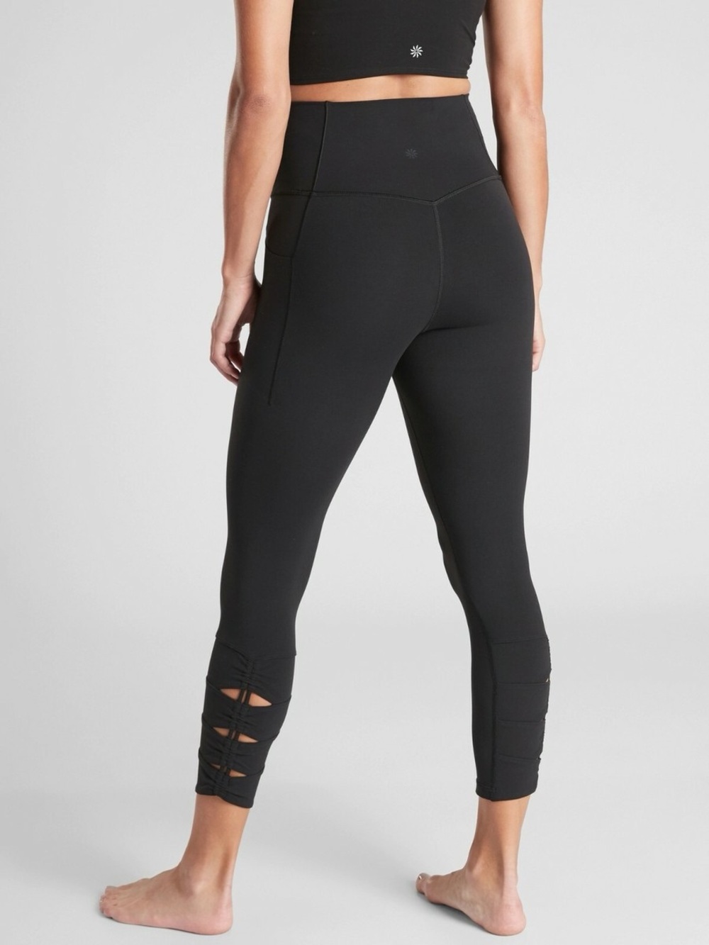 Athleta Salutation Stash Pocket II Cinch 7/8 Leggings Black Cutout Tights Pants